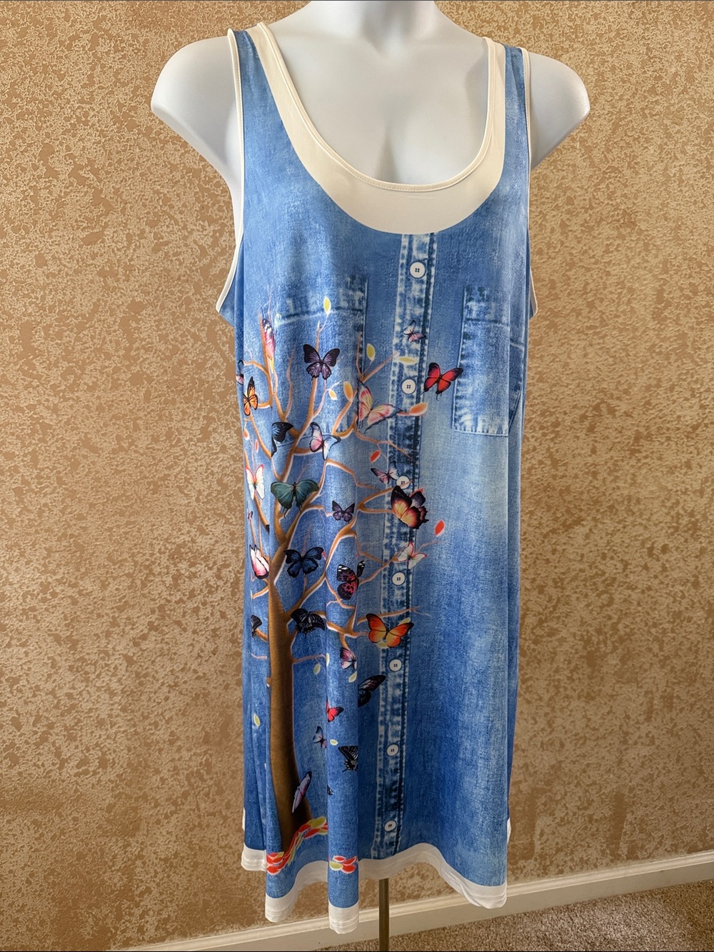 Blue Butterfly Print Tank Dress faux denim look